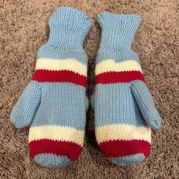 Youth Knit Hippo Character Mittens Blue Red Striped Winter Warm Gloves - Picture 3 of 3